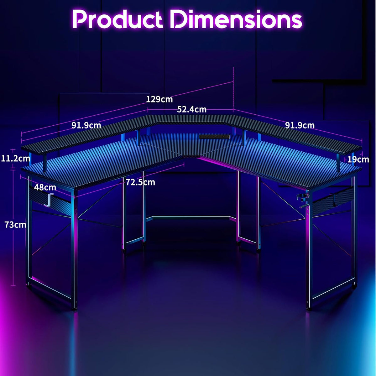 ODK L-Shaped Gaming Desk with LED Lights & USB Charging