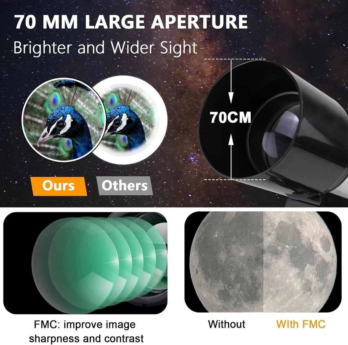Telescope,Telescopes for Adults Kids Beginners, 70mm Aperture Astronomy Refractor HD Telescopes (15X-150X) with Tripod, Phone Adapter and Moon Filter