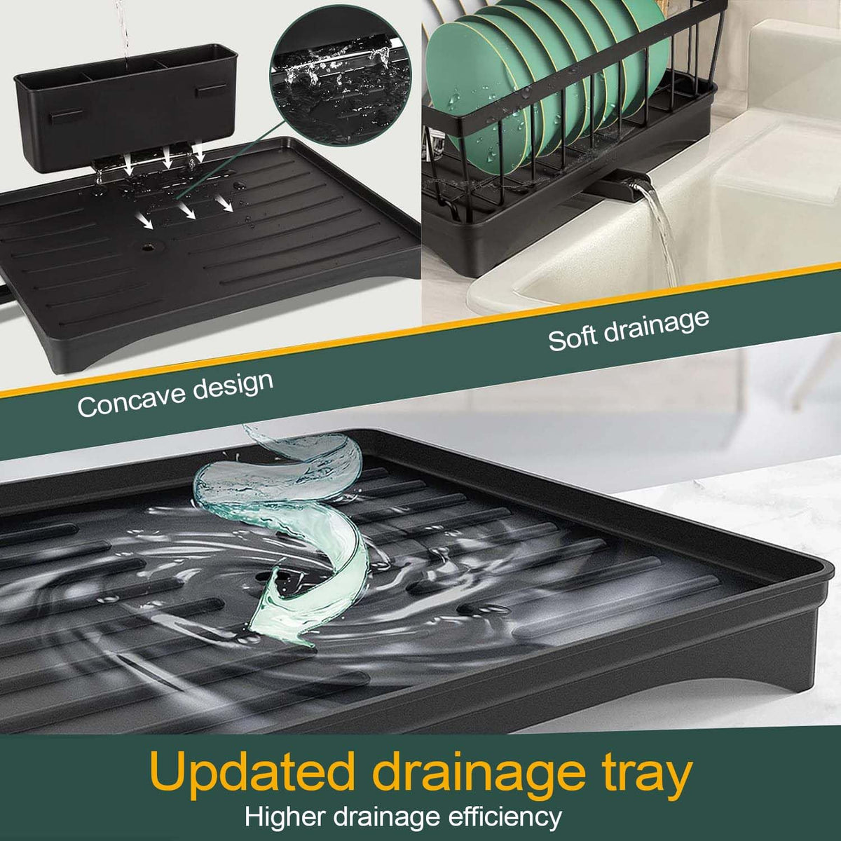 3-Tier Black Dish Rack with 270° Drain Channel