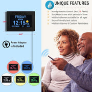 19 Alarms Day Date Clock Dementia Clock Digital Alarm Clock, 15 Custom Reminders, Auto Night Dimming, Non-Abbreviated Calendar Clock with 5 Colors, 6 Display Effects