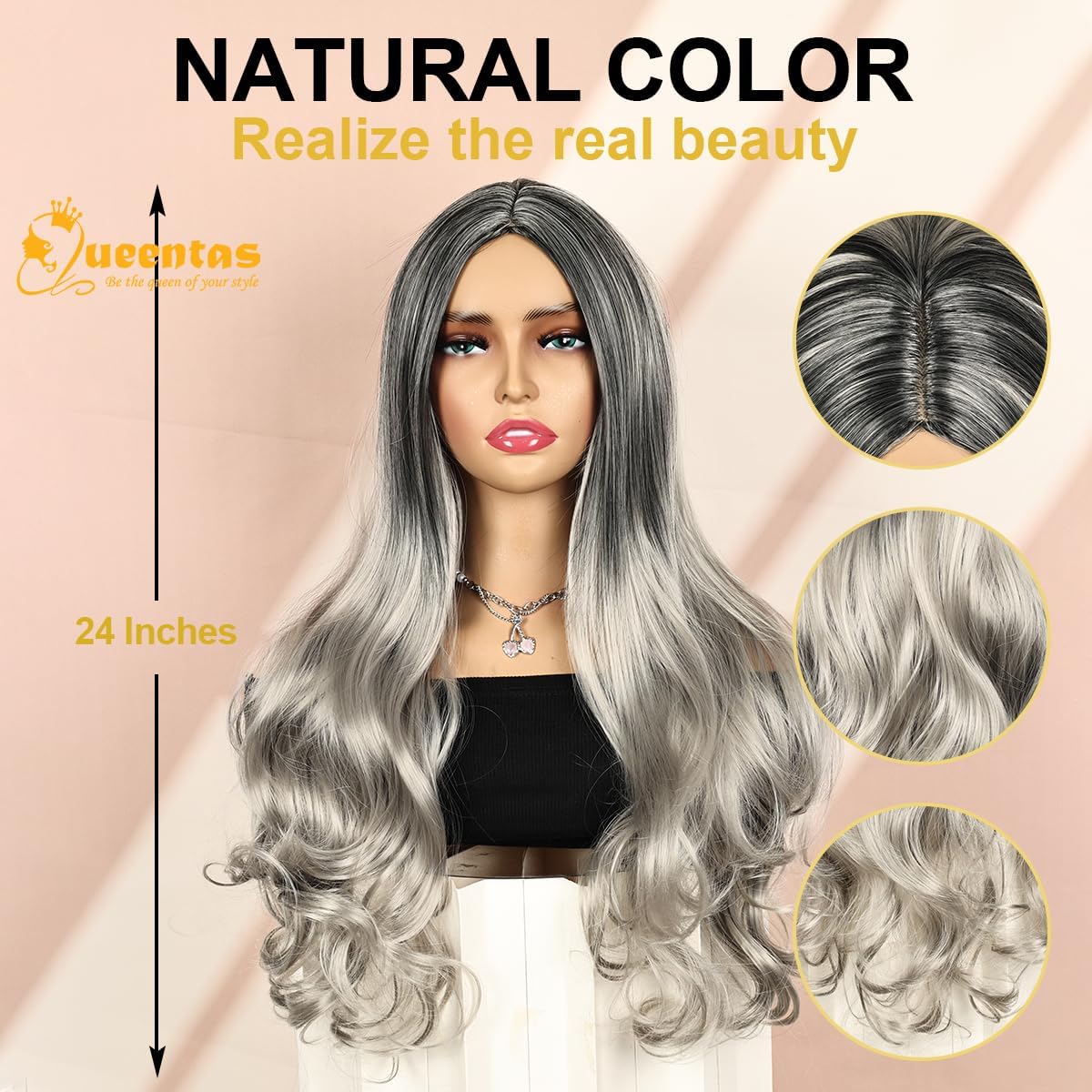 24-Inch Glueless Wavy Synthetic Wig – Silver Grey