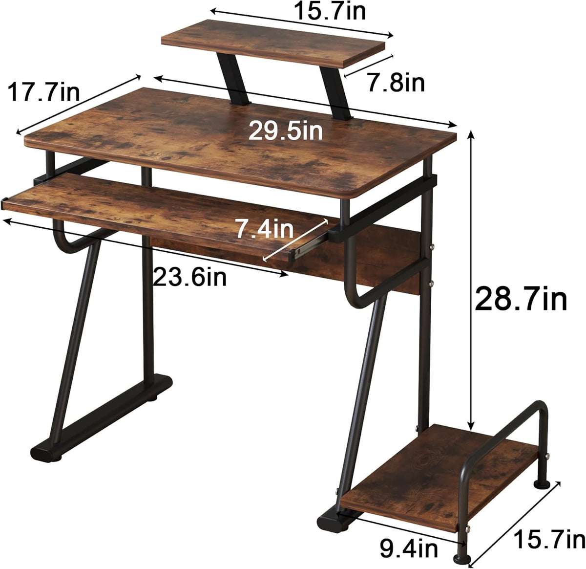 Rustic Computer Desk with Monitor Stand & Adjustable Storage