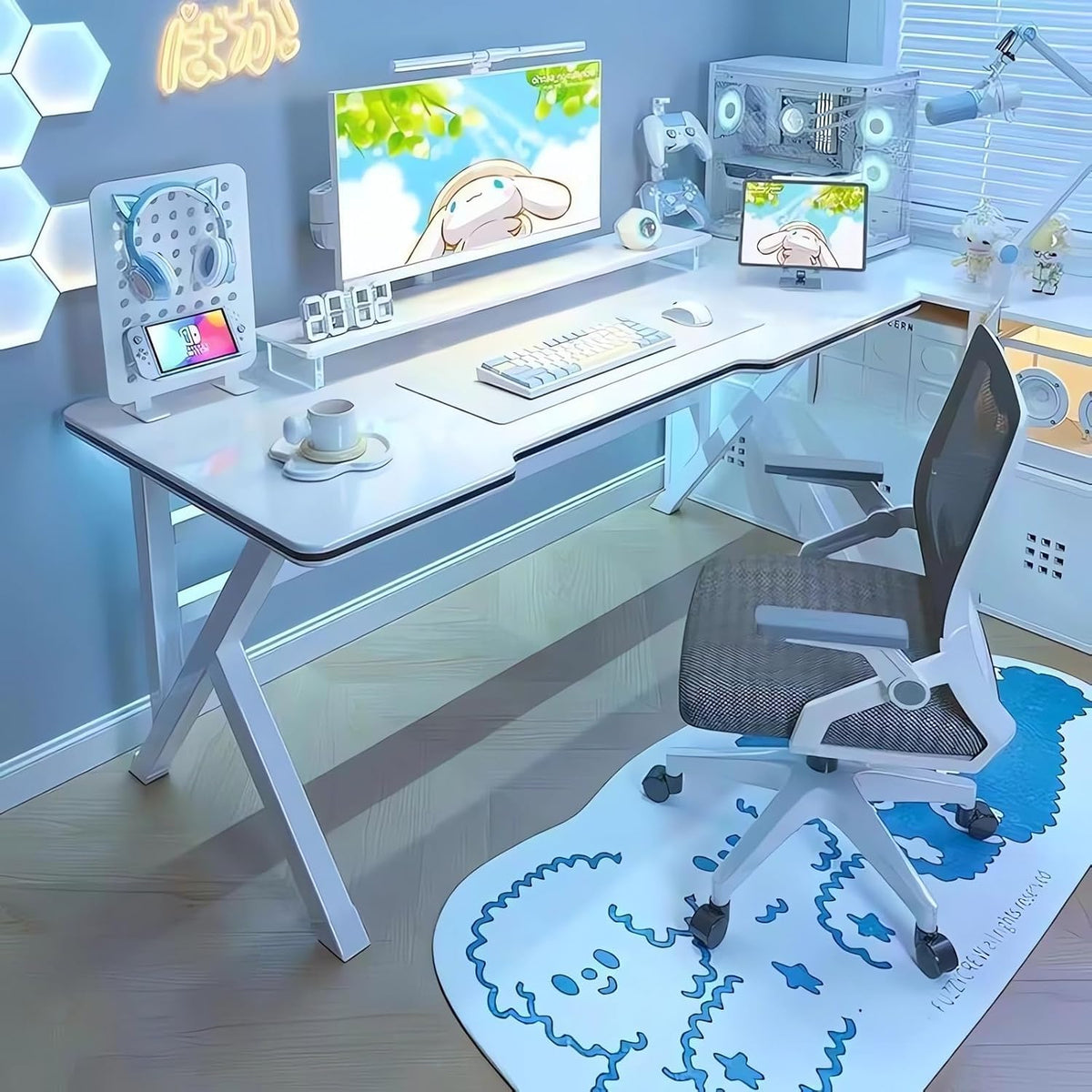 100 cm White K-Shaped Gaming & Office Desk