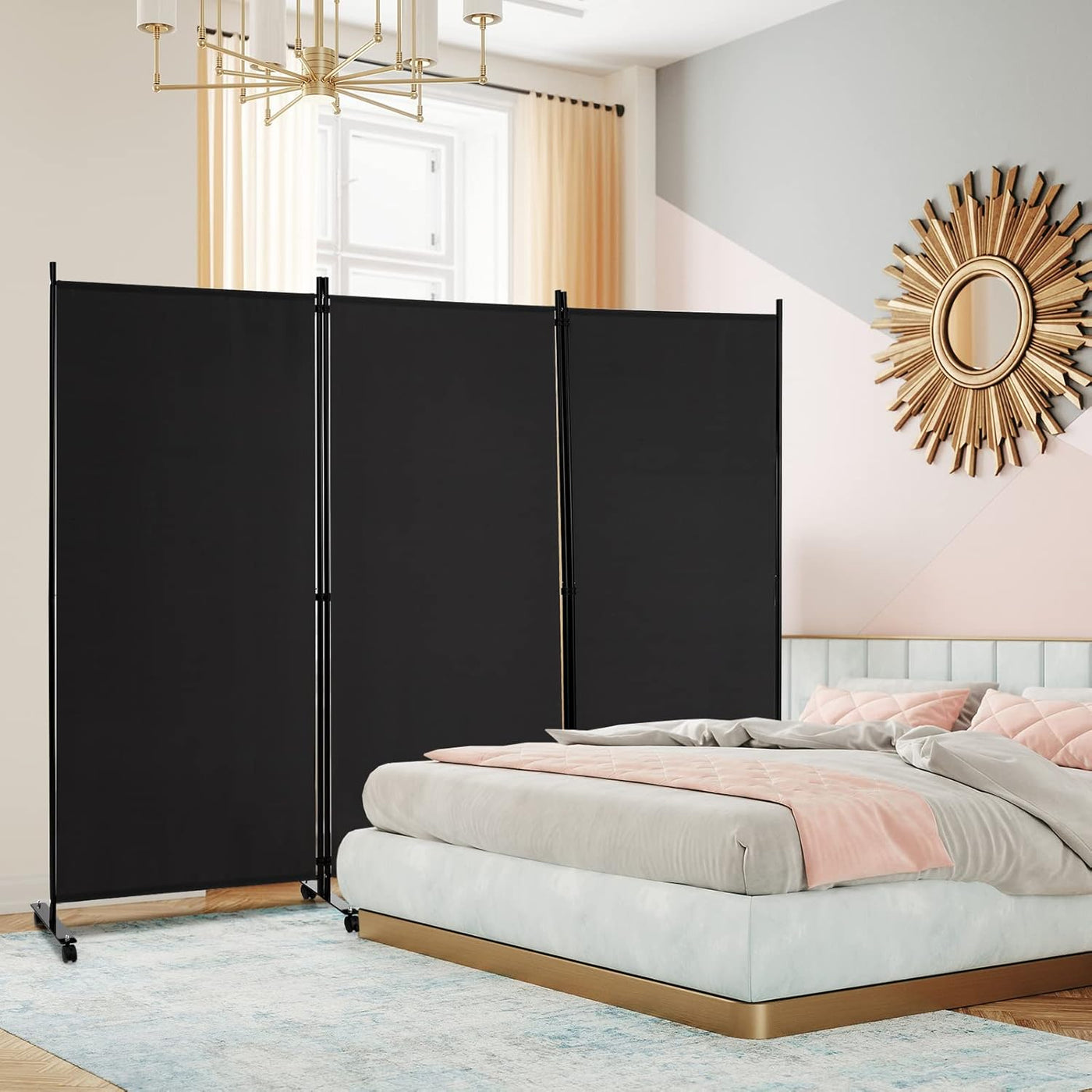180cm Rolling 3-Panel Room Divider – Black or White Star