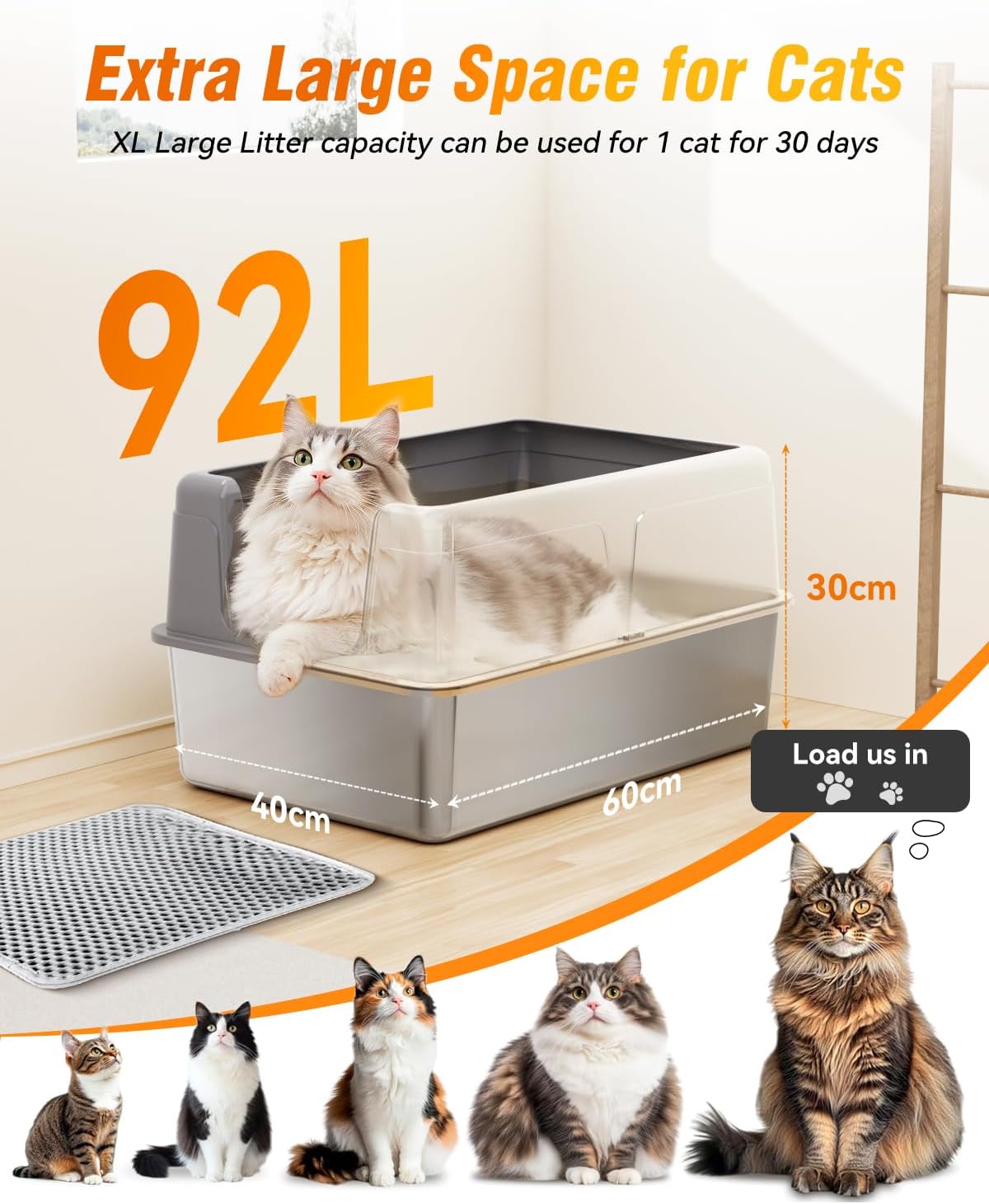 LOVELEDI Cat Litter Box - Stainless Steel Cat Litter Box, Extra Large Cat Little Tray with Lid for Big Cats, XXL Kitty Litter Pan Boxes with High Sides Enclosed, Non-Sticky, 61L x 40.6W x 30.5H CM