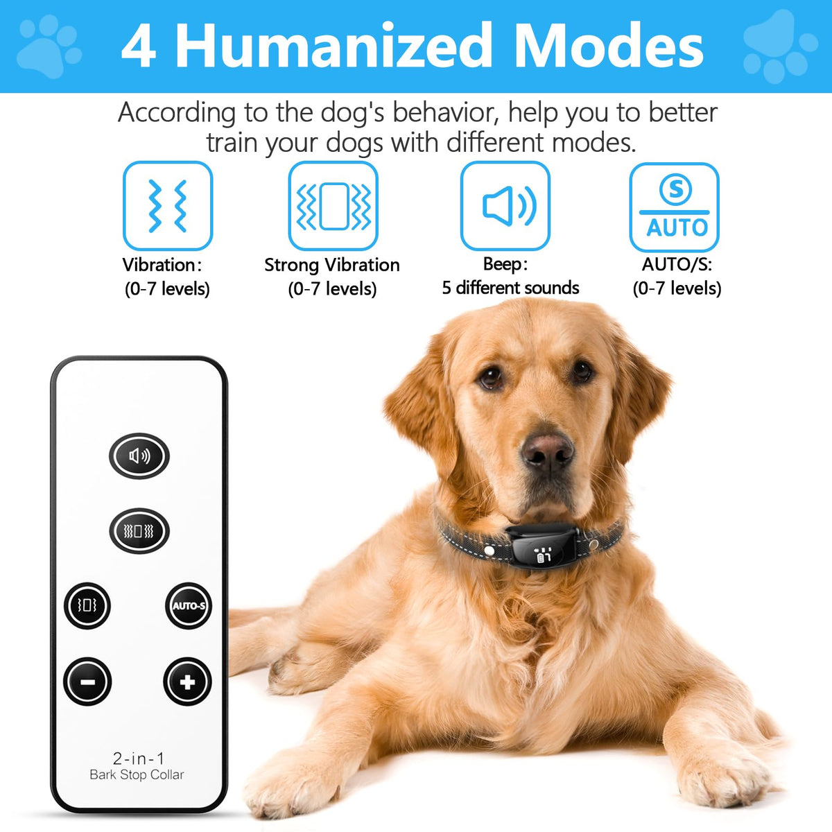 [2025 Upgrade] No Shock Dog Bark Collar with 4 Modes, Dog Training Collar with Remote, IPX7 Waterproof Bark Collar for Most Breed Sizes, Safe No Shock Bark Collar for Garden & Courtyard Use