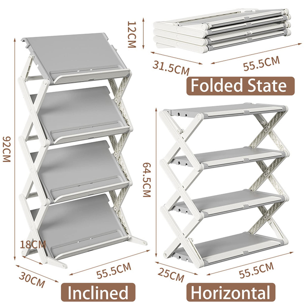 4-Tier Foldable Shoe Rack – 10–12 Pairs, Brown