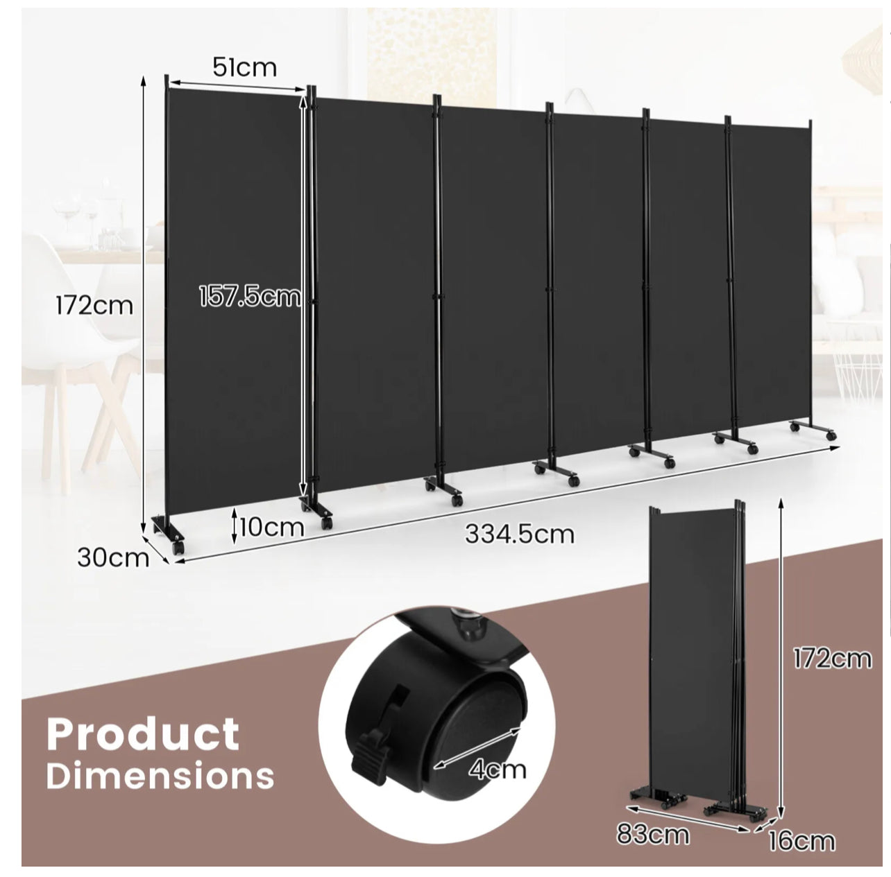 5.6 ft 6-Panel Rolling Room Divider – Black