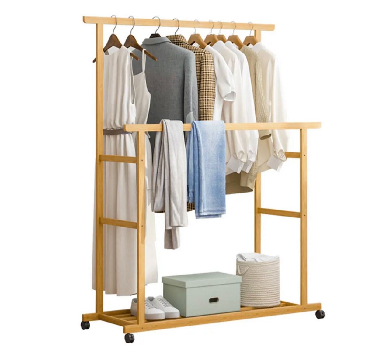 Rolling Double-Rail Bamboo Garment Rack with Lower Shelf