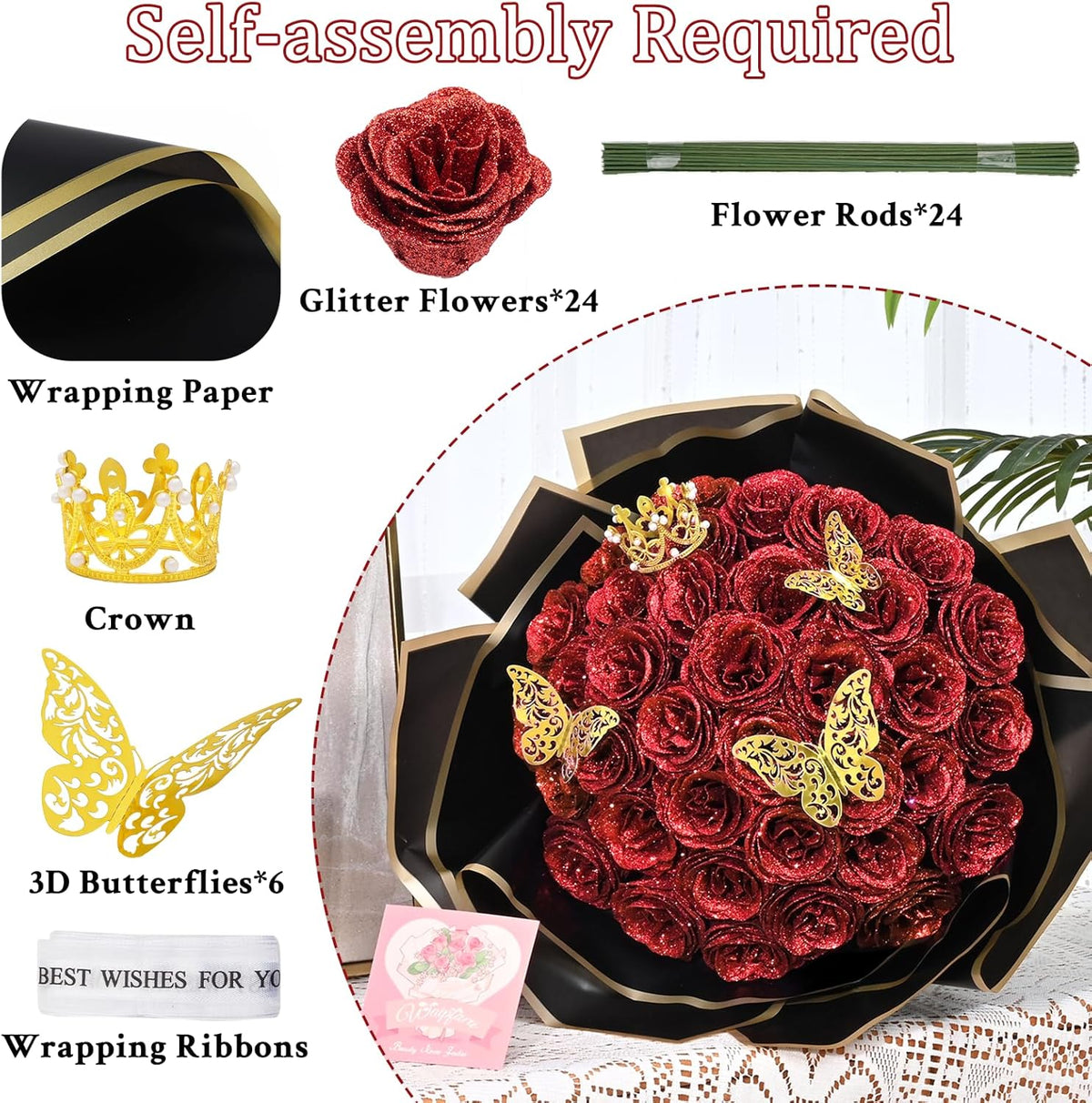 DIY Glitter Rose Bouquet Kit – 24 Artificial Roses