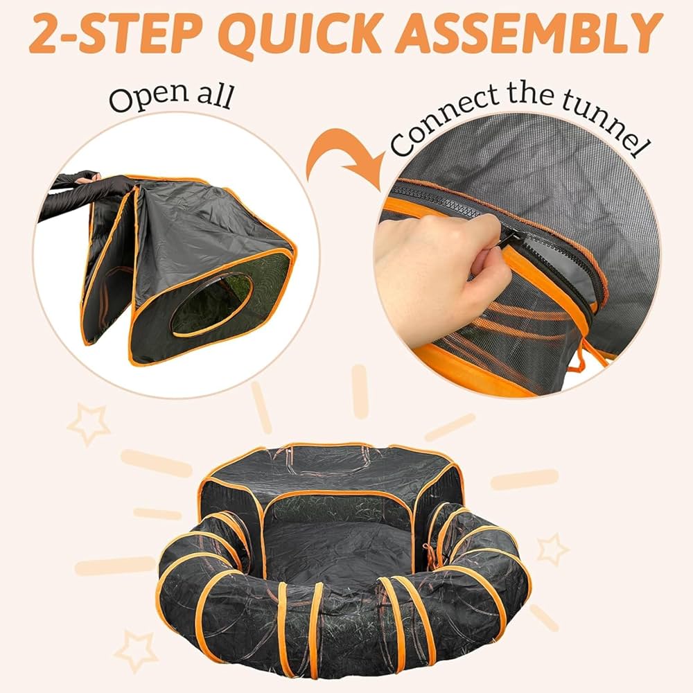 Pop-Open Mesh Cat Tent & Play Tunnel – Orange or Rainbow