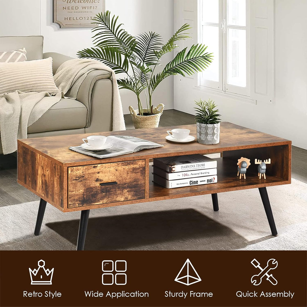 109 cm Mid-Century Coffee Table with Drawer & Open Shelf