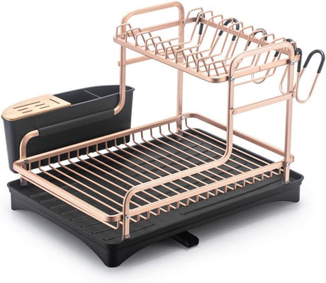 Aluminum Dish Drying Rack, Never Rust Dish Rack with Removable Cutlery Holder &Cup Holder, Unique 360° Swivel Spout Drain Board, Rose