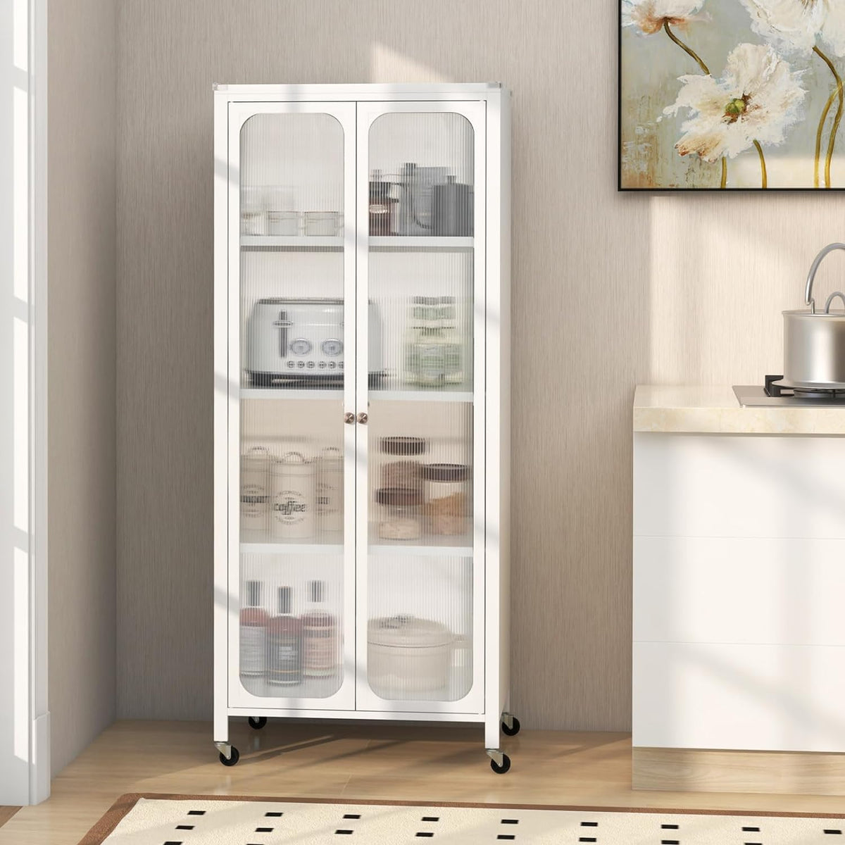 Mobile Metal Storage Cabinet with Glass Doors & 2 Adjustable Shelves