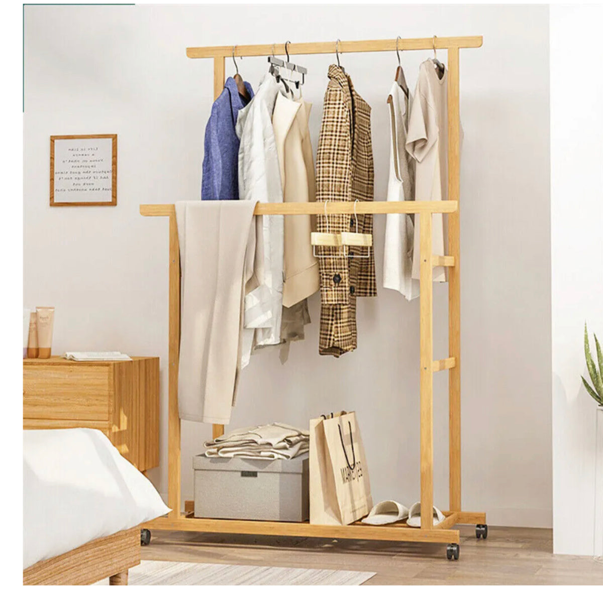 Rolling Double-Rail Bamboo Garment Rack with Lower Shelf
