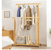 Rolling Double-Rail Bamboo Garment Rack with Lower Shelf