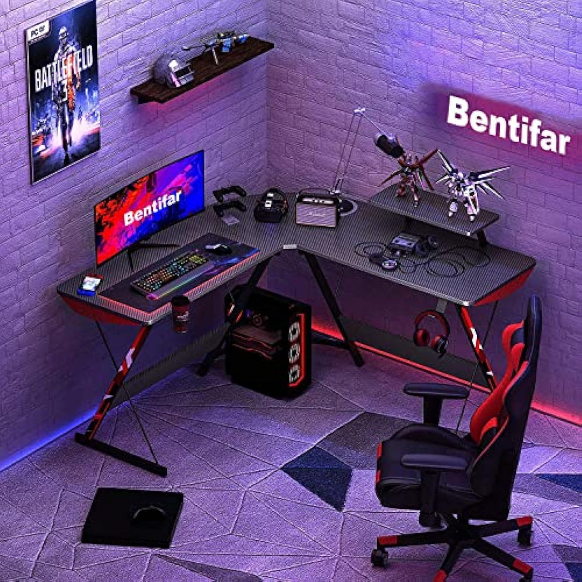 130 cm Carbon-Black L-Shaped Gaming Desk with Monitor Riser
