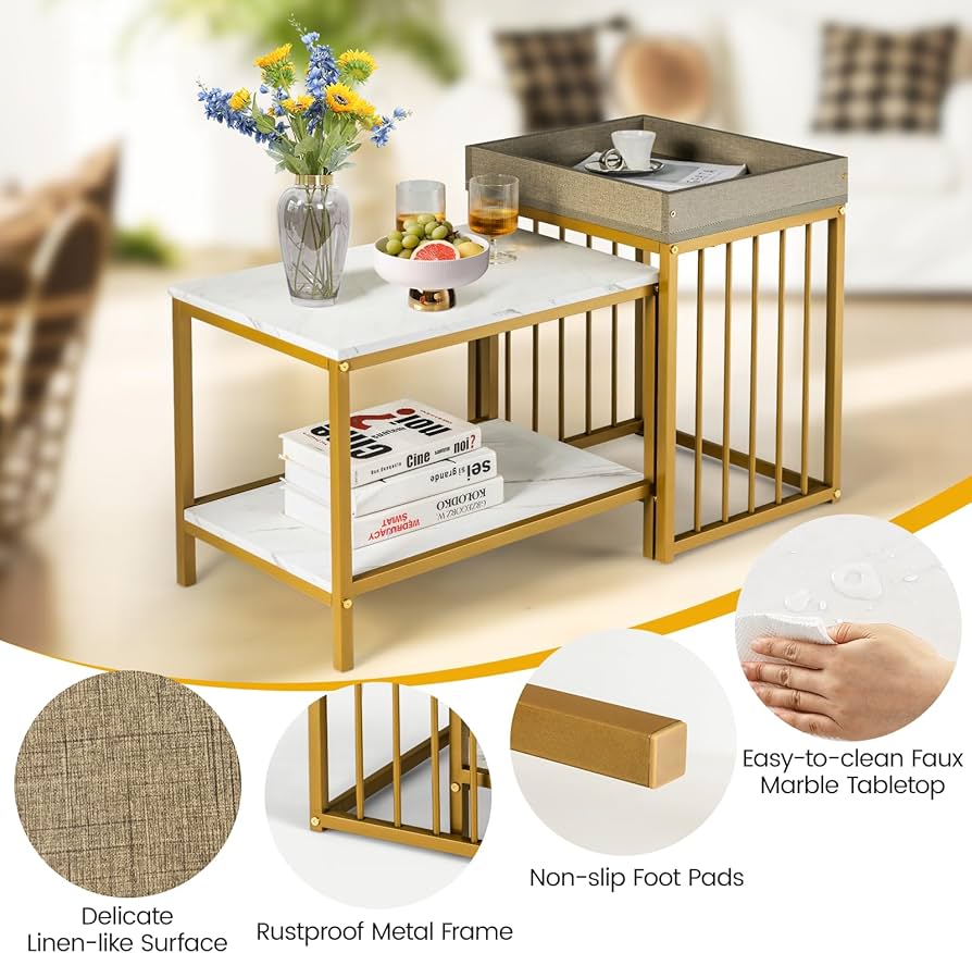 Faux-Marble Nesting Tables with Tray Top – Set of 2