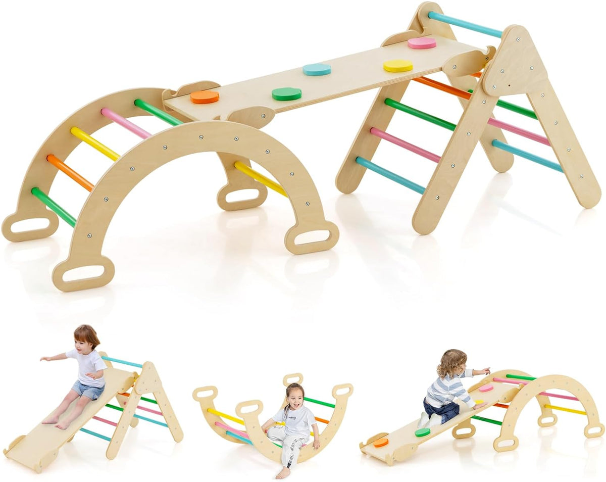 Kids Triangle Climbing Toys Set, 5 in 1 Toddler Wooden Climbing Gym Arch Rocking Playset w/Reversible Ramp for Sliding, Indoor Home Climbing Sliding Set for Boys Girls Colorful