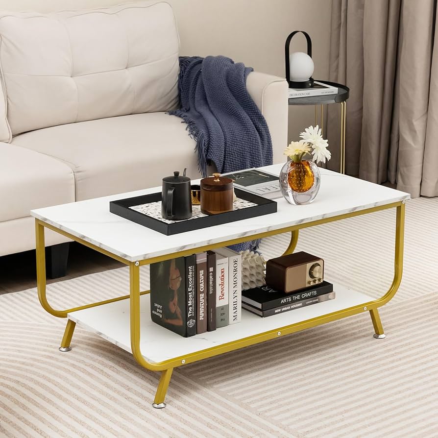 2-Tier Faux-Marble Coffee Table with Metal Frame