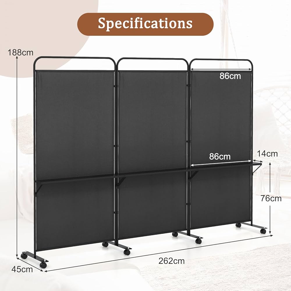 188cm Rolling 3-Panel Room Divider with 3 Shelves – 3 Colours