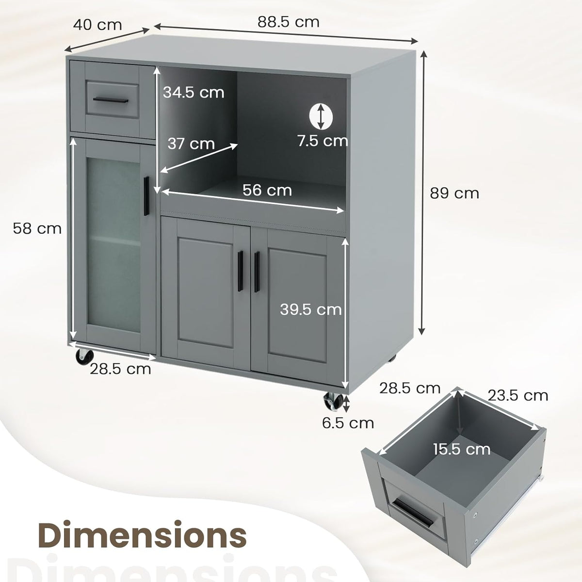 Grey Rolling Kitchen Island with Drawer & Glass-Door Cabinet