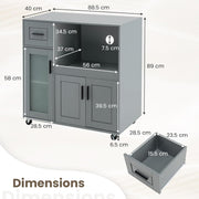 Grey Rolling Kitchen Island with Drawer & Glass-Door Cabinet