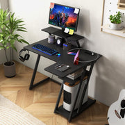 L-Shaped Gaming Desk with Outlets & USB Ports, Small Computer Desk with Monitor Shelf, Headphone Hook, Storage Shelf & Host Stand, Corner Gamer Desk with Carbon Fiber Texture