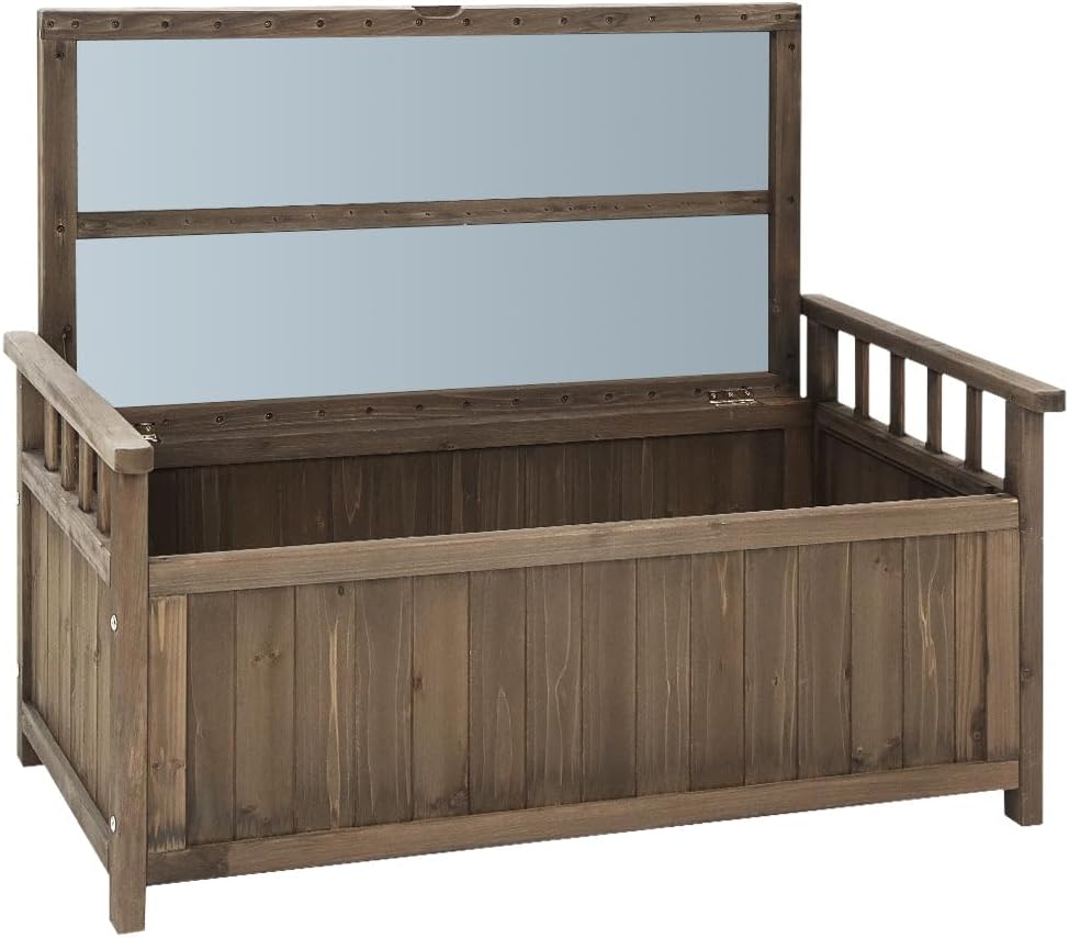 Outdoor Storage Box Bench, Wooden Garden Shed Shoe Cabinet Tool Chest Toy Storages Boxes Benches Deck Chair Container Indoor Patio Balcony Furniture, Water-Resistant 220kg Capacity Brown