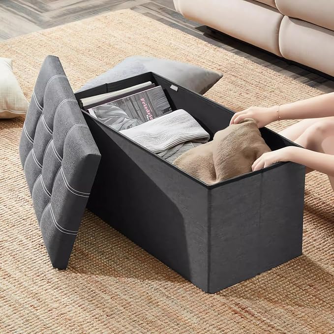Foldable Storage Ottoman Bench with Padded Seat – Black, 76 × 38 × 38 cm