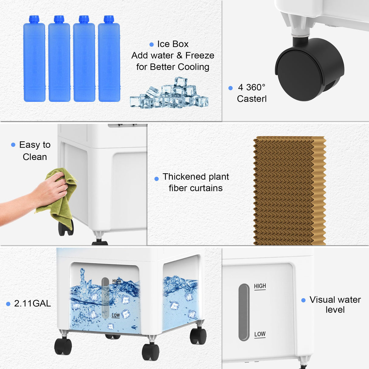 Evaporative Air Cooler, 3-IN-1 Portable Air Cooler with 8L Water Tank, Air Conditioner Fan with Timer, 3 Speed, 4 Ice Crystal Box for Room Home Office Indoor Use