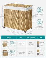 SONGMICS Laundry Hamper with Lid, 42.3 Gallons (160 L), Rolling Laundry Basket with Wheels, 3-Section Synthetic Rattan, Removable Liner, Bedroom, 27.6 x 14.2 x 26 Inches, Natural ULCB365N01