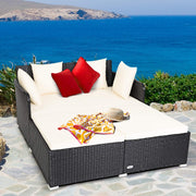 Beige Rattan Outdoor Daybed with Cushion & 4 Pillows