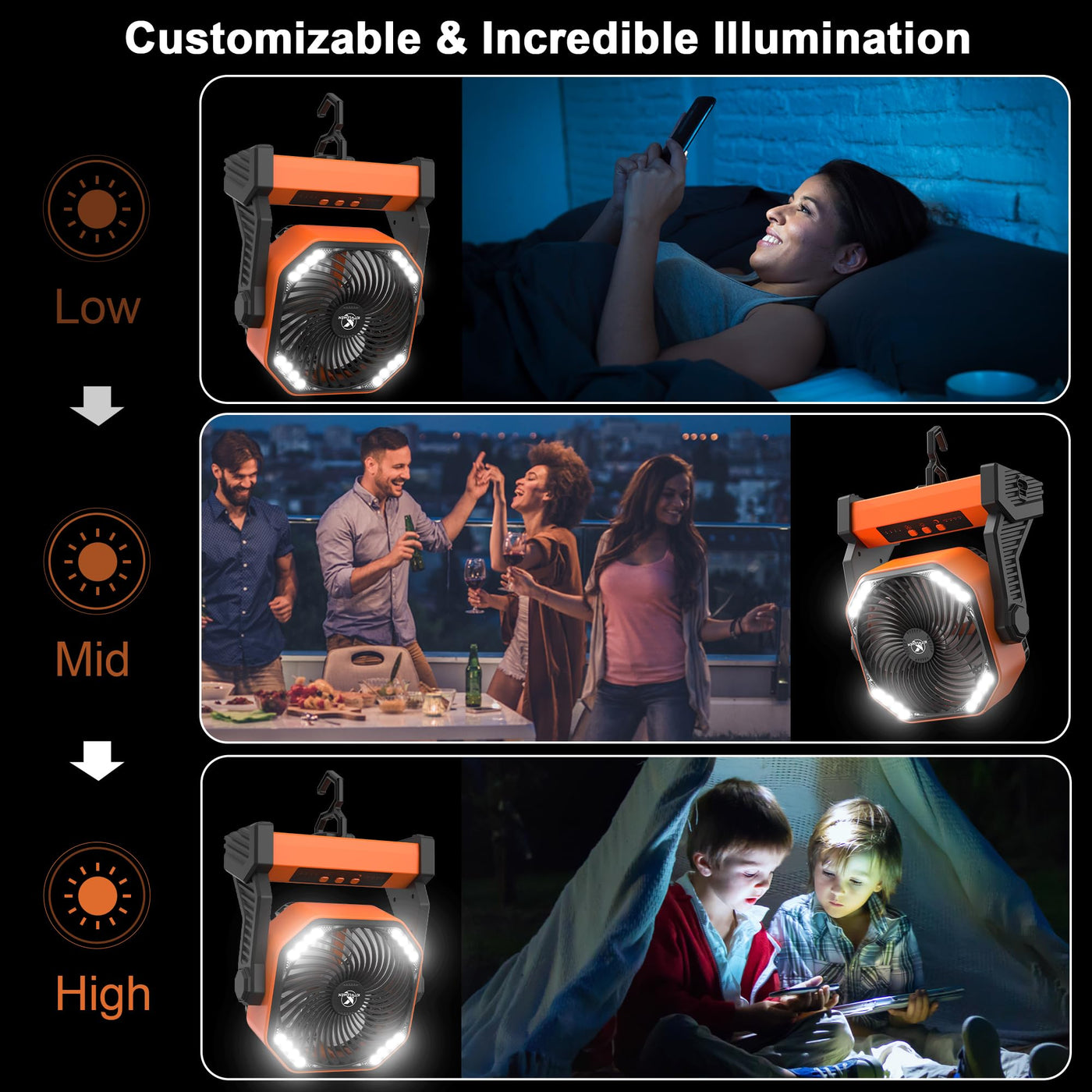 20,000 mAh Rechargeable Camping Fan with LED Light & Hook