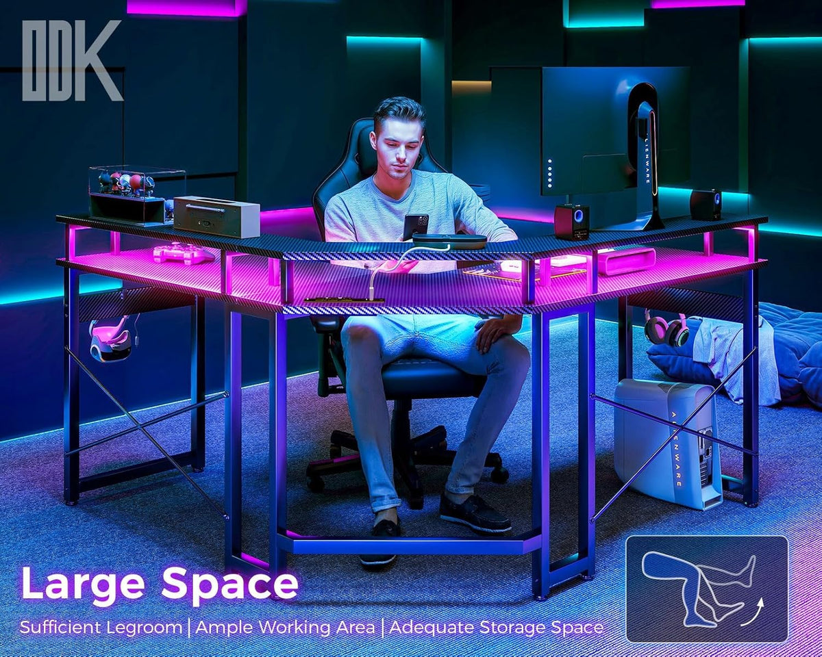 ODK L-Shaped Gaming Desk with LED Lights & USB Charging