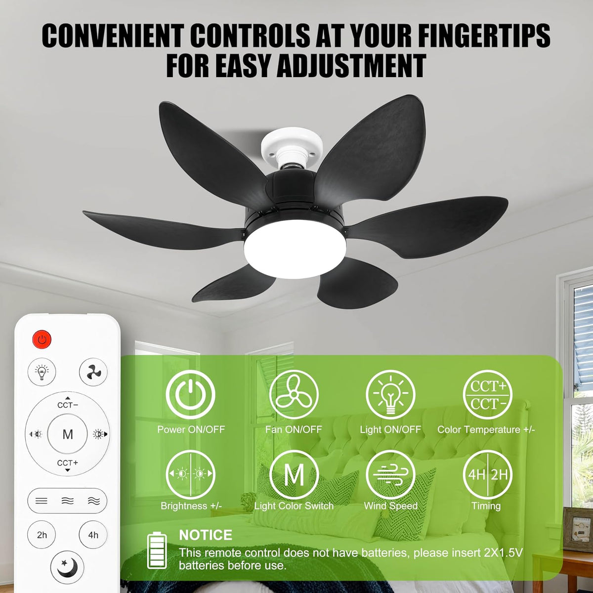 Socket Fan Light with Remote, Small Ceiling Fan with Light, 3 Colors 3500K-6000K, Easy to Install E27 Screw Base, Suitable for Bedroom, Living Room, Kitchen, Black