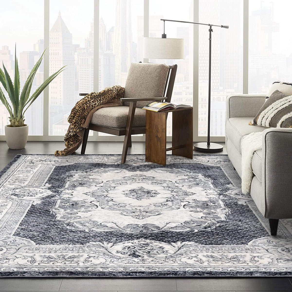 200 × 200 cm Grey & White Imitation-Cashmere Area Rug