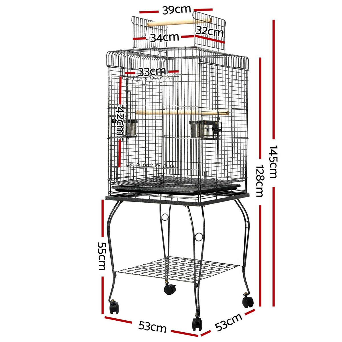 145 cm Rolling Bird Cage with 2 Perches & Removable Tray
