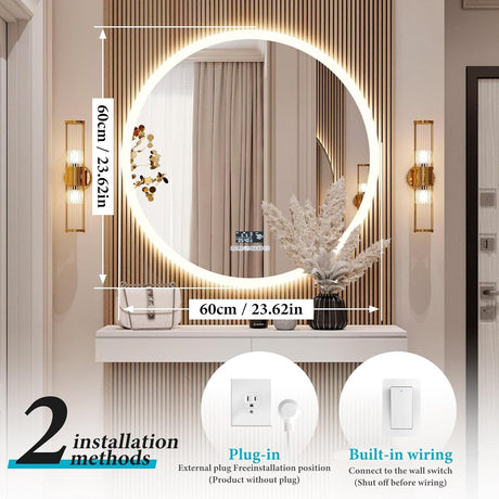 Premium Round LED Vanity Mirror: Defogging HD Glass, Three-Color Stepless Dimming, Built-in Audio System, Smart Human Body Sensor, Time and Temperature Display.