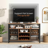 Wine Bar Cabinet, 55-Inch Buffet Sideboard with Wine Racks & Wine Glass Holders, Coffee Station Cabinet with Metal Mesh Doors, for Kitchen, Dining Room (Rustic Brown + Black)