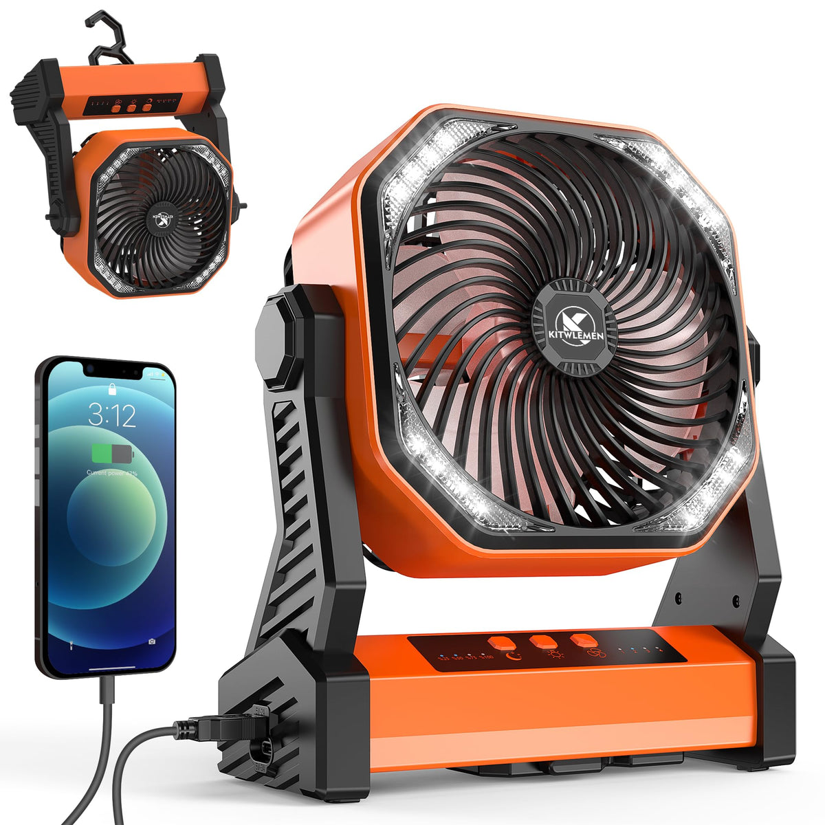 20,000 mAh Rechargeable Camping Fan with LED Light & Hook