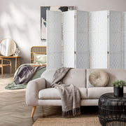 White 6-Panel Pine & Woven-Rattan Room Divider – 170cm