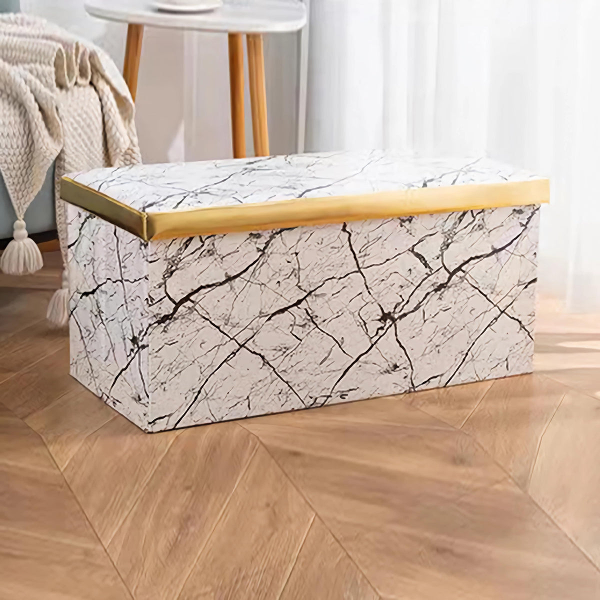 110 L Folding Storage Ottoman Bench – White & Black Marble