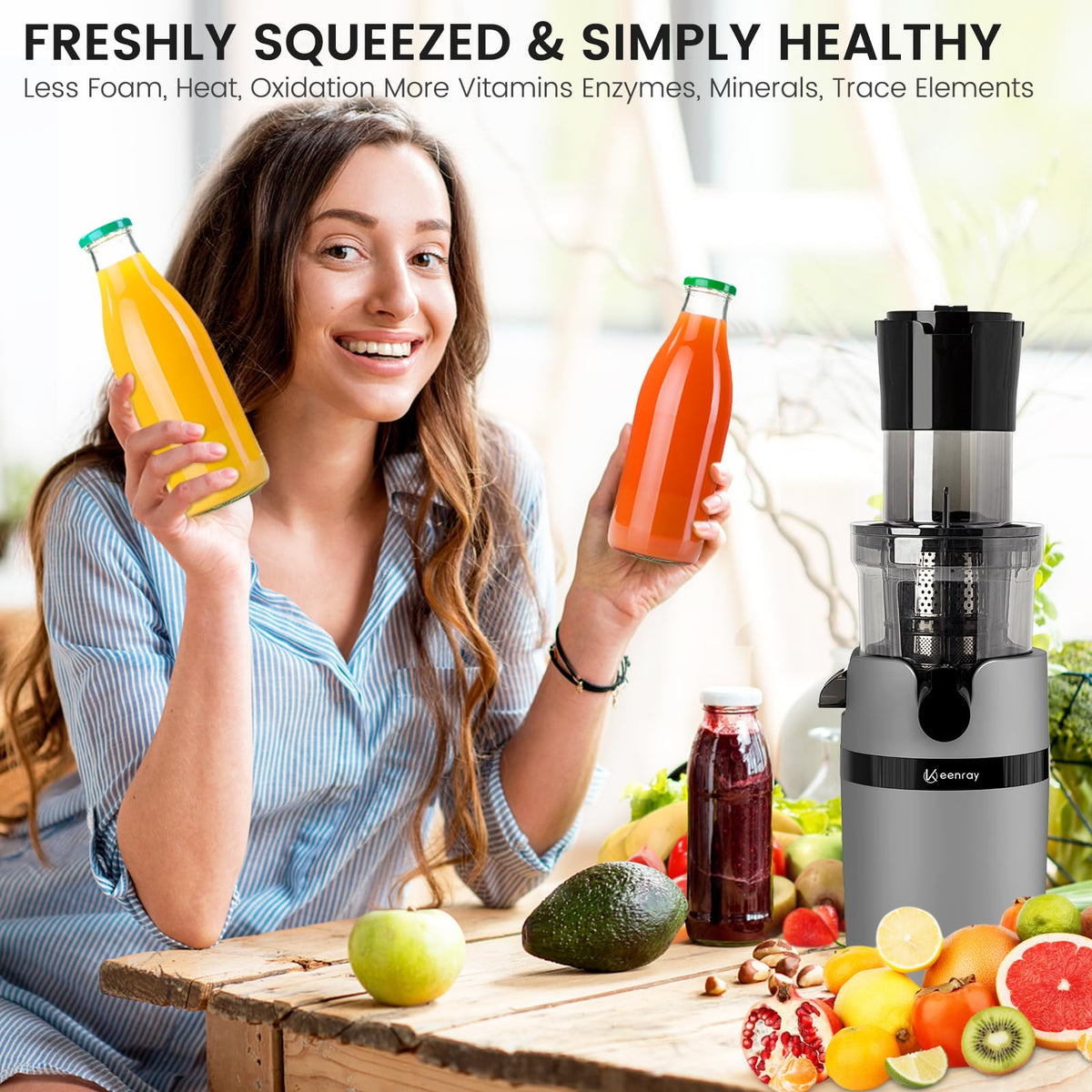 Juicer Machine for Whole Fruits and Vegetables, Cold Press Slow Juicer with Wide Mouth 80mm Feeding Chute, Reverse Function Quiet Motor Fresh Healthy Juice Extractor, EL18, Grey