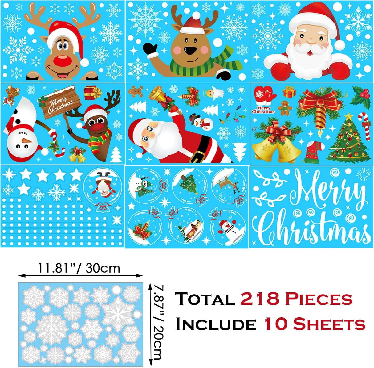 Christmas Window Clings, 218 Pcs Christmas Window Stickers, 10 Sheets Reusable Xmas Window Decals with Santa Claus Reindeer Snowman, Double-Side Xmas Snowflake Window Clings for Winter Party Supplies