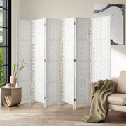 White 6-Panel Pine & Woven-Rattan Room Divider – 170cm