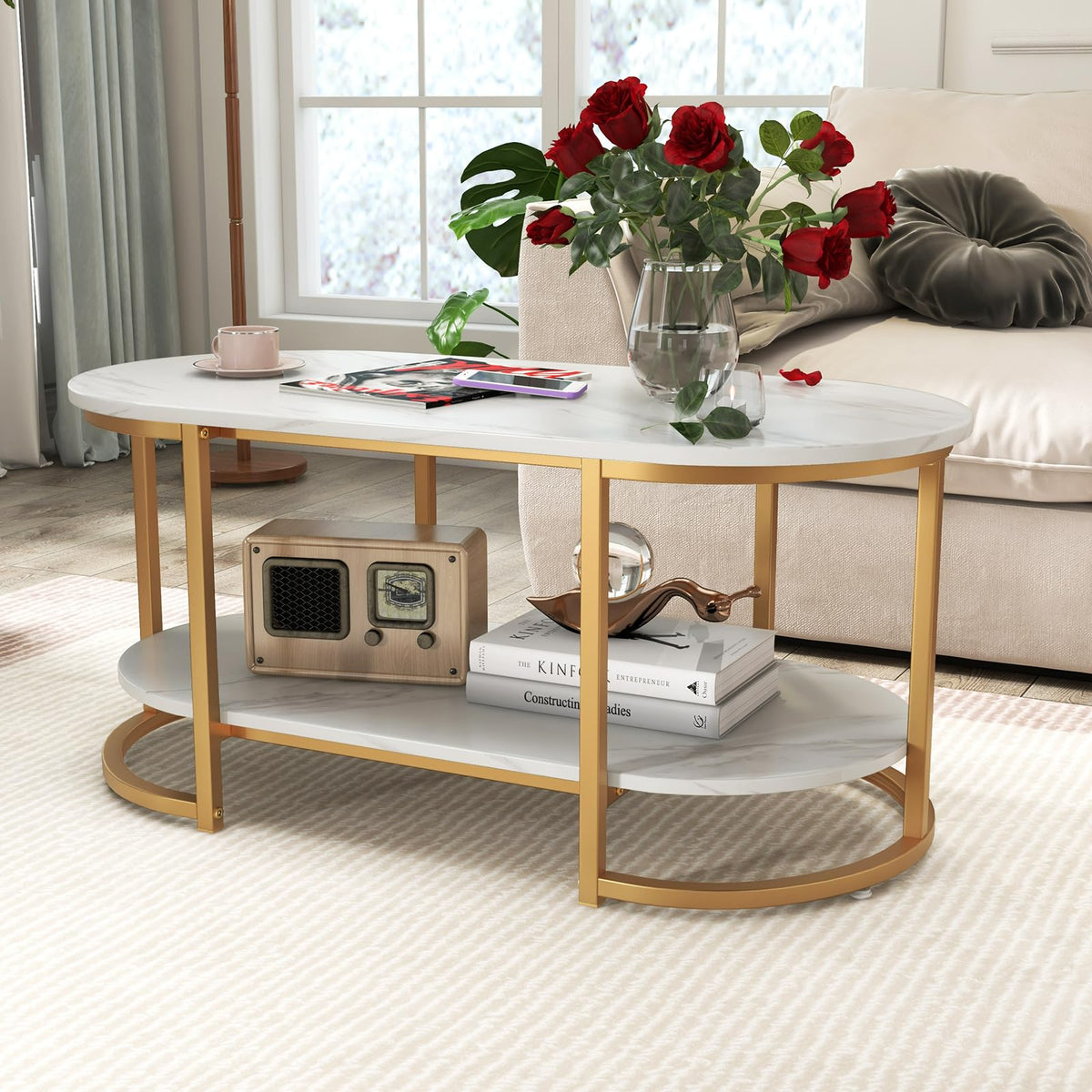 2-Tier Oval Faux-Marble Coffee Table – White & Gold