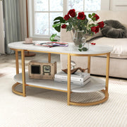 2-Tier Oval Faux-Marble Coffee Table – White & Gold