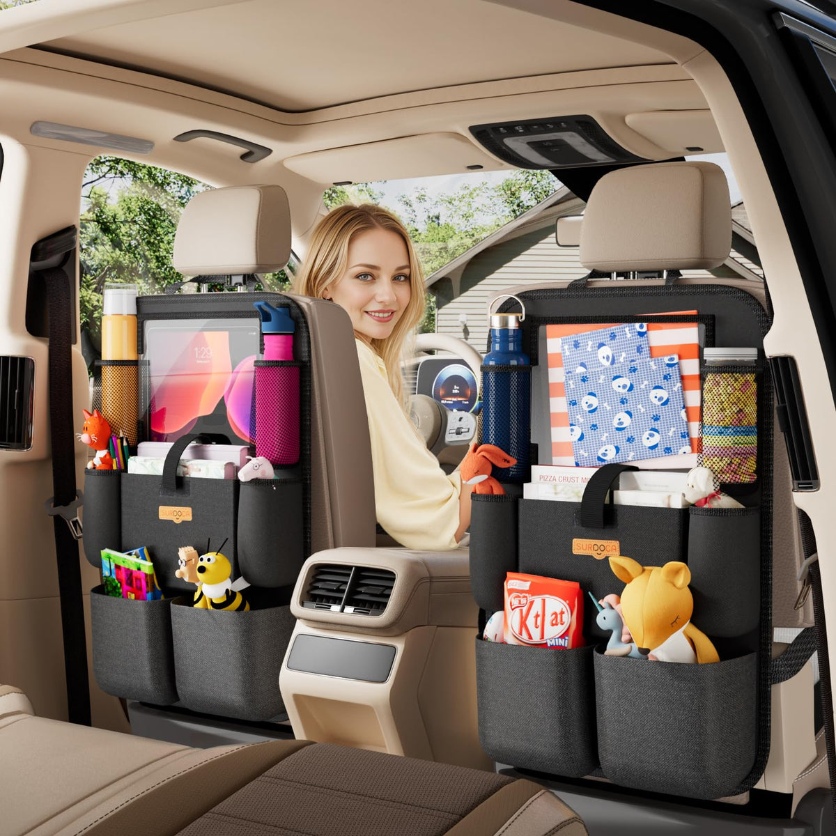 2-Pack Black Car-Seat Organisers with 11-Inch Tablet Holders