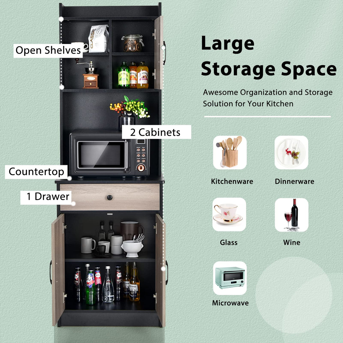 Black 3-Door Buffet Cabinet with Drawer & 4 Adjustable Shelves